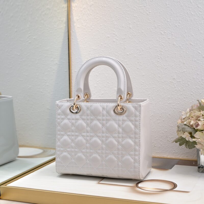 Women's White Quilted Patent Cowhide Leather Medium Tote Bag Gold Hardware