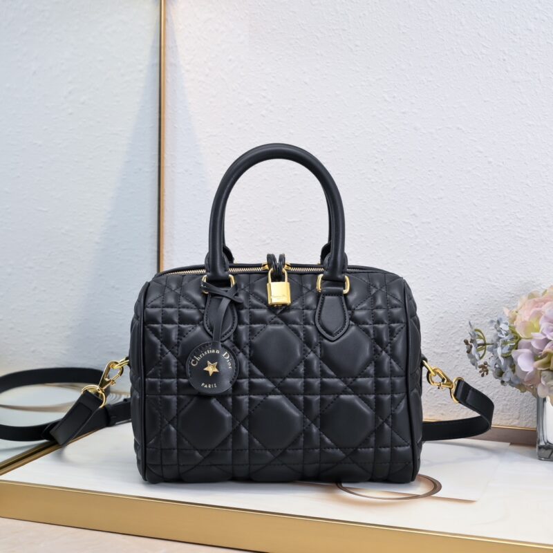 Women's Quilted Cowhide Leather Top Handle Boston Bags 25 - Gold Hardware