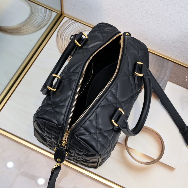 Women's Quilted Cowhide Leather Top Handle Boston Bags 25 - Gold Hardware