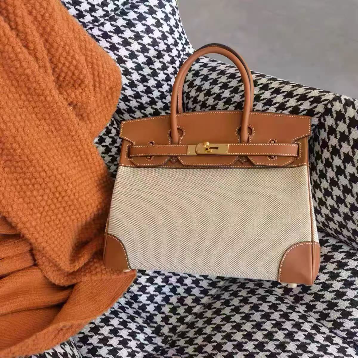 Damen Braun mit weißem Leder Canvas Top Handle Tasche photo review