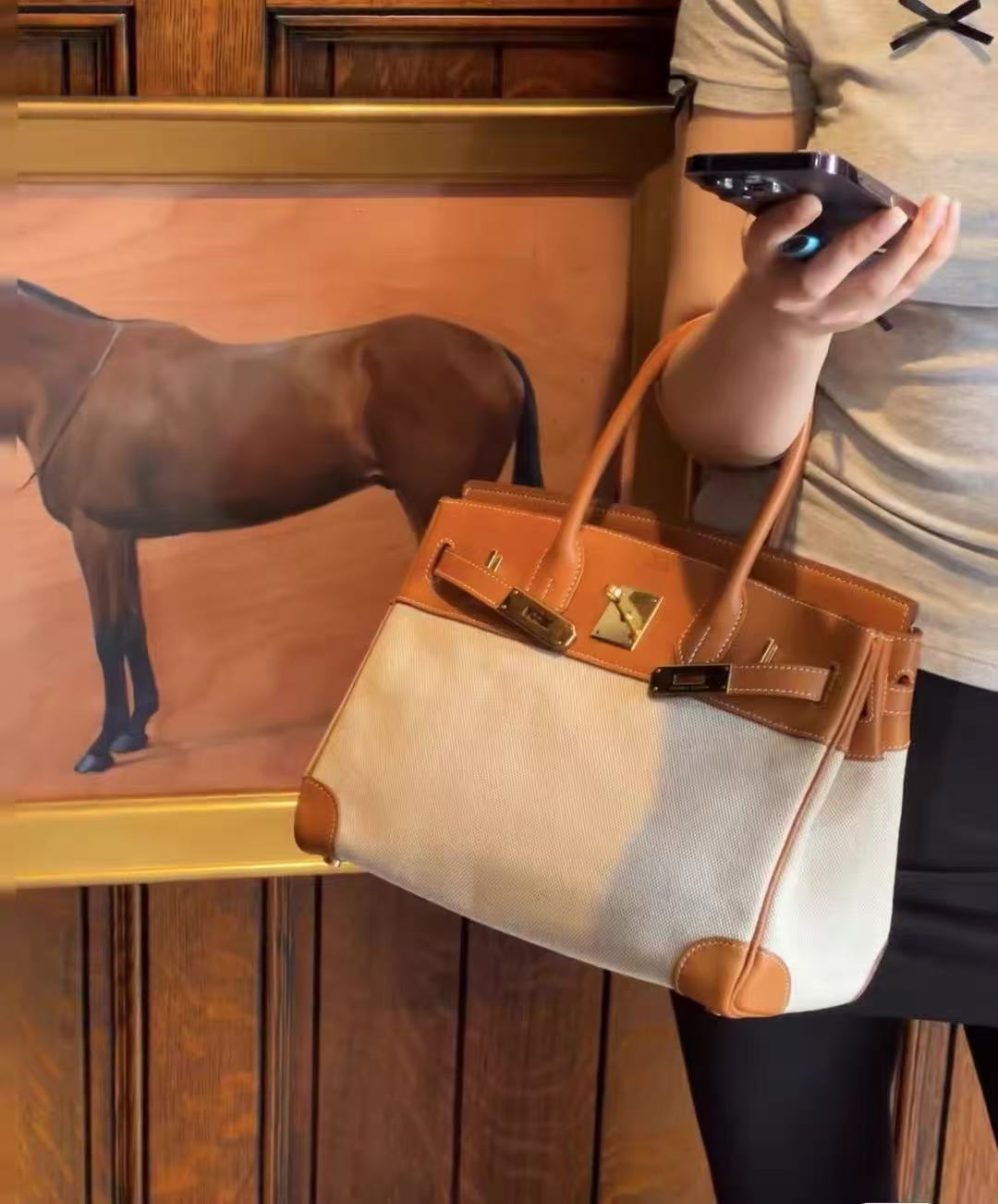 Damen Braun mit weißem Leder Canvas Top Handle Tasche photo review