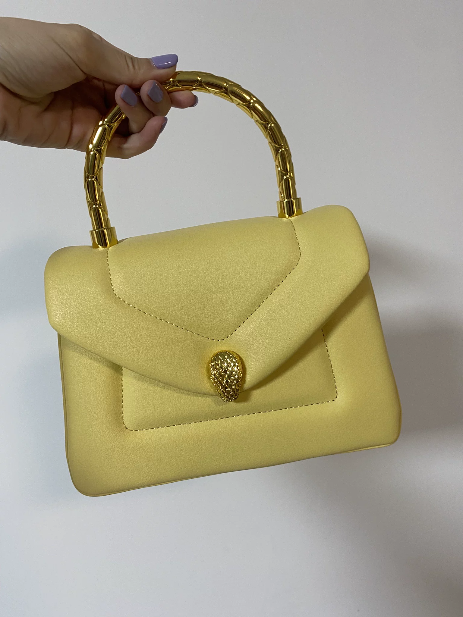Women's Small Minimalist Leather Snake Head Clasp Top Handle Bag In Gold Hardware photo review
