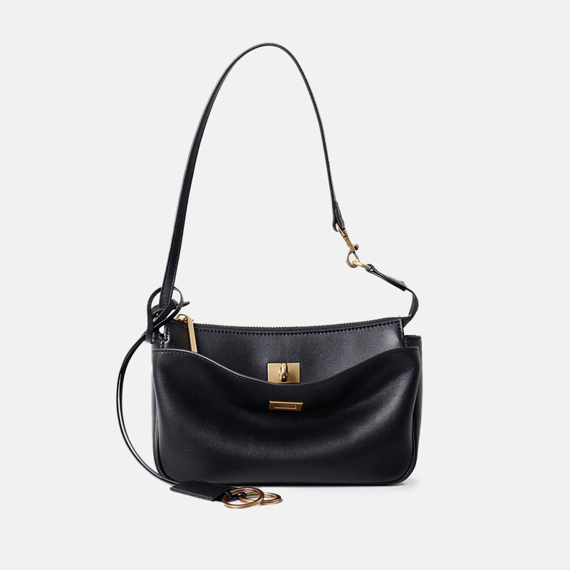 Women's Split Leather Gold-Hardware Lock Shoulder Bag