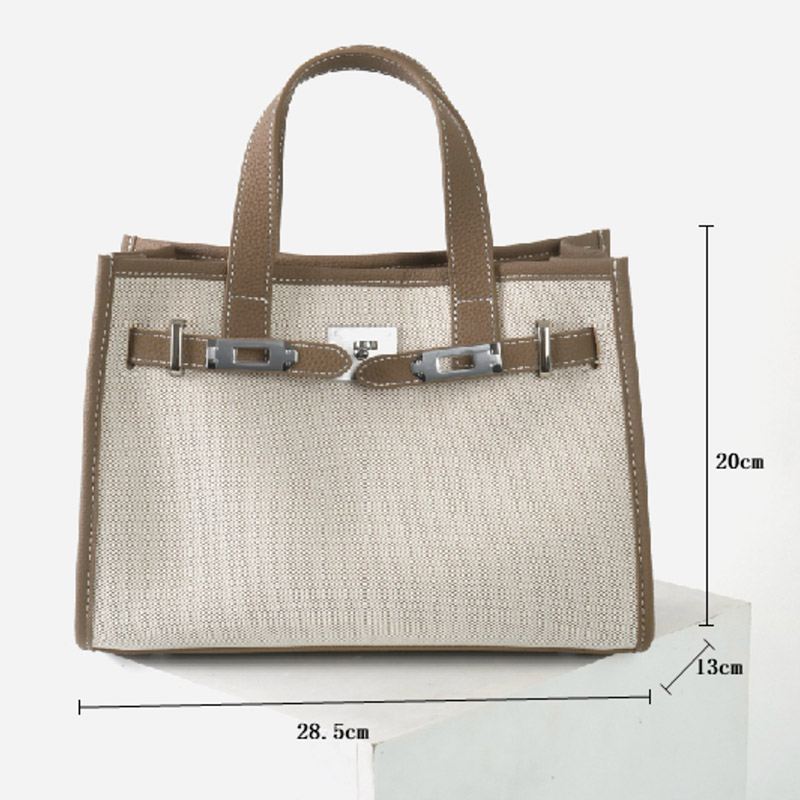 Women's Canvas Full-Grain Leather Trim Lock Shoulder Crossbody Tote Bag