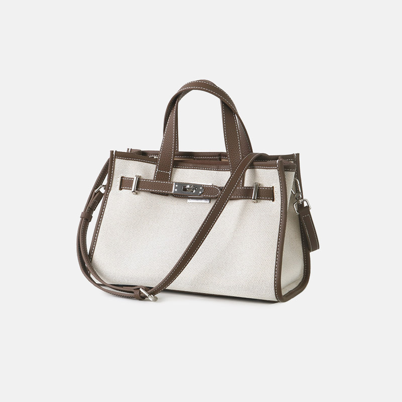 Women's Canvas Full-Grain Leather Trim Lock Shoulder Crossbody Tote Bag