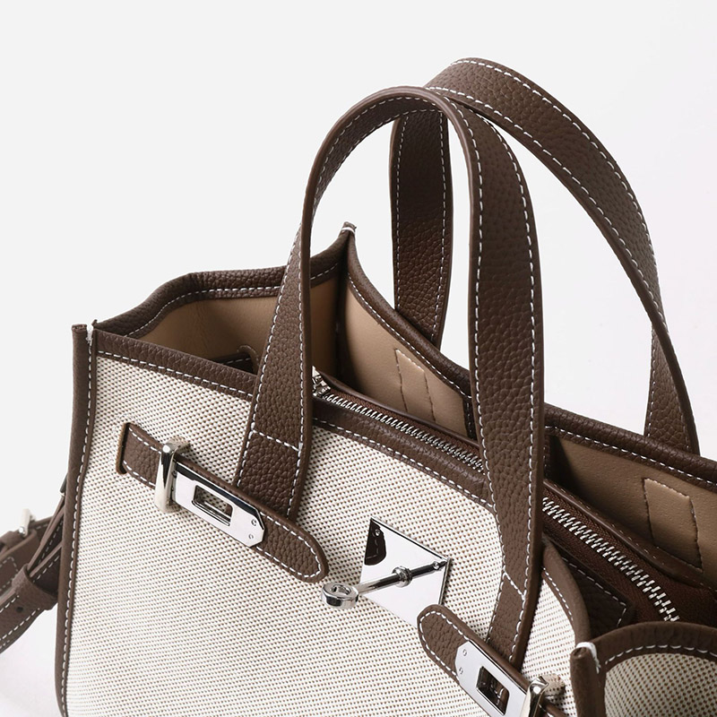 Women's Canvas Full-Grain Leather Trim Lock Shoulder Crossbody Tote Bag