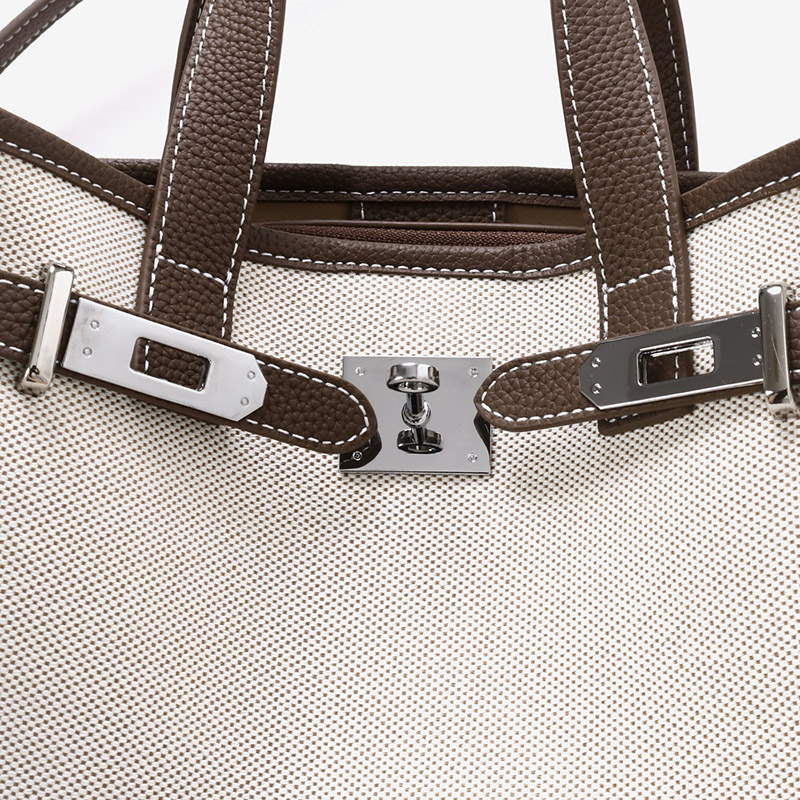 Women's Canvas Full-Grain Leather Trim Lock Shoulder Crossbody Tote Bag