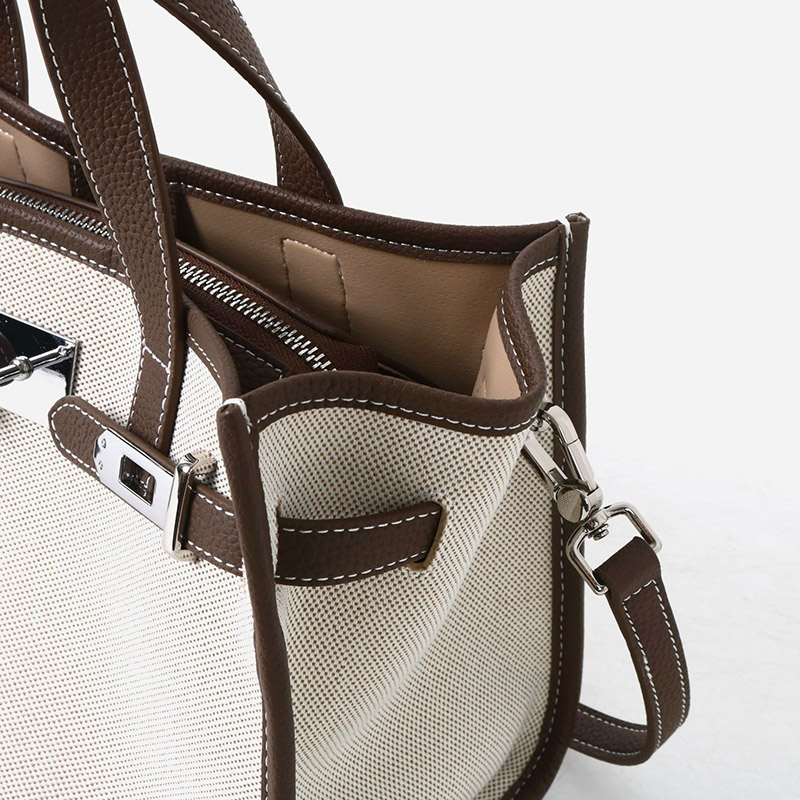 Women's Canvas Full-Grain Leather Trim Lock Shoulder Crossbody Tote Bag