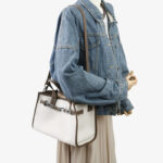 Women's Canvas Full-Grain Leather Trim Lock Shoulder Crossbody Tote Bag