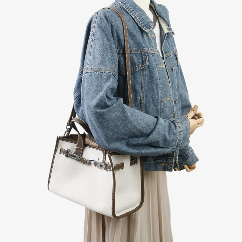 Women's Canvas Full-Grain Leather Trim Lock Shoulder Crossbody Tote Bag