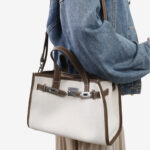 Women's Canvas Full-Grain Leather Trim Lock Shoulder Crossbody Tote Bag