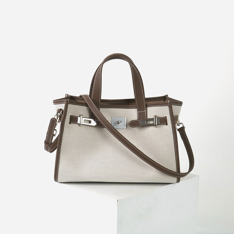 Women's Canvas Full-Grain Leather Trim Lock Shoulder Crossbody Tote Bag