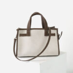 Women's Canvas Full-Grain Leather Trim Lock Shoulder Crossbody Tote Bag