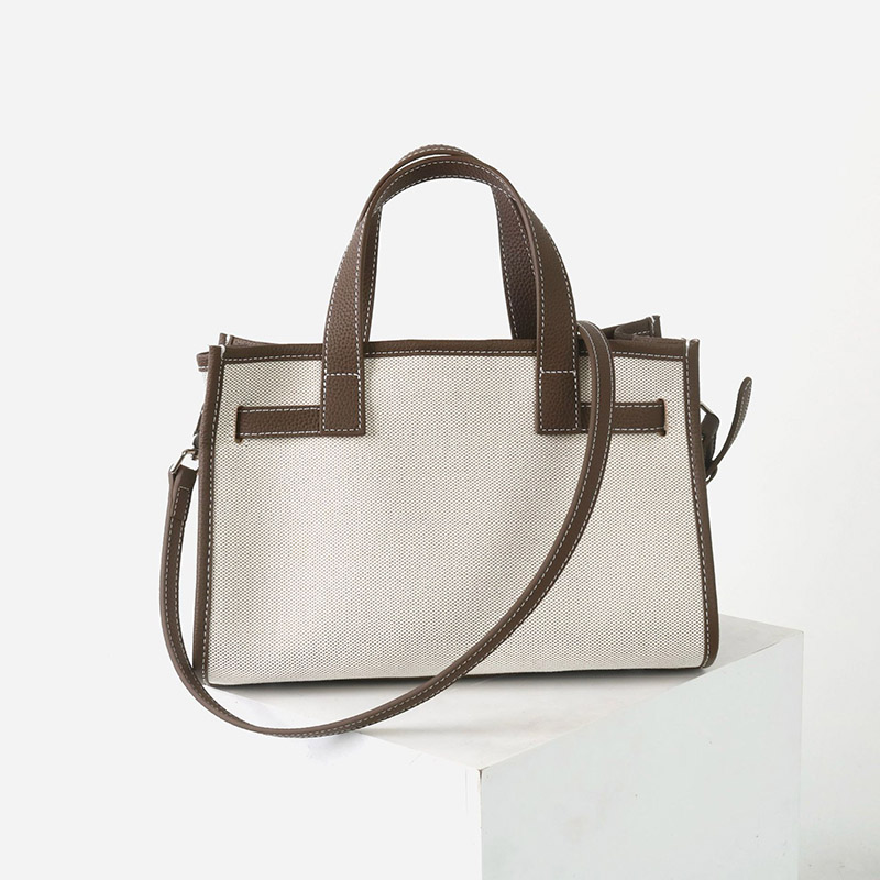 Women's Canvas Full-Grain Leather Trim Lock Shoulder Crossbody Tote Bag