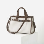 Women's Canvas Full-Grain Leather Trim Lock Shoulder Crossbody Tote Bag