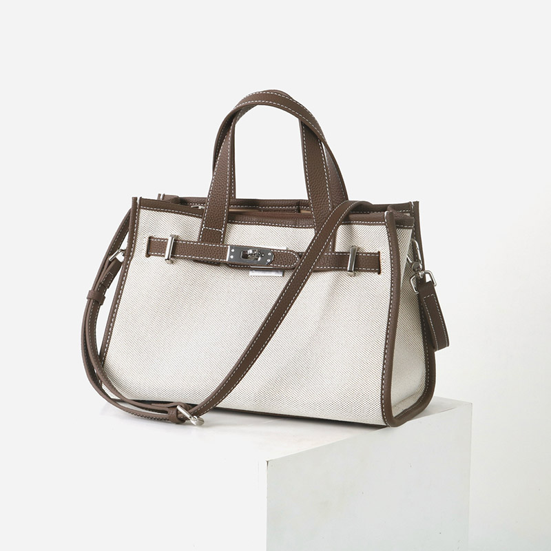 Women's Canvas Full-Grain Leather Trim Lock Shoulder Crossbody Tote Bag