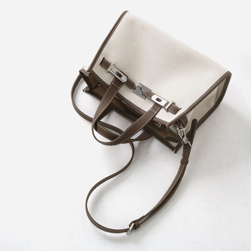 Women's Canvas Full-Grain Leather Trim Lock Shoulder Crossbody Tote Bag