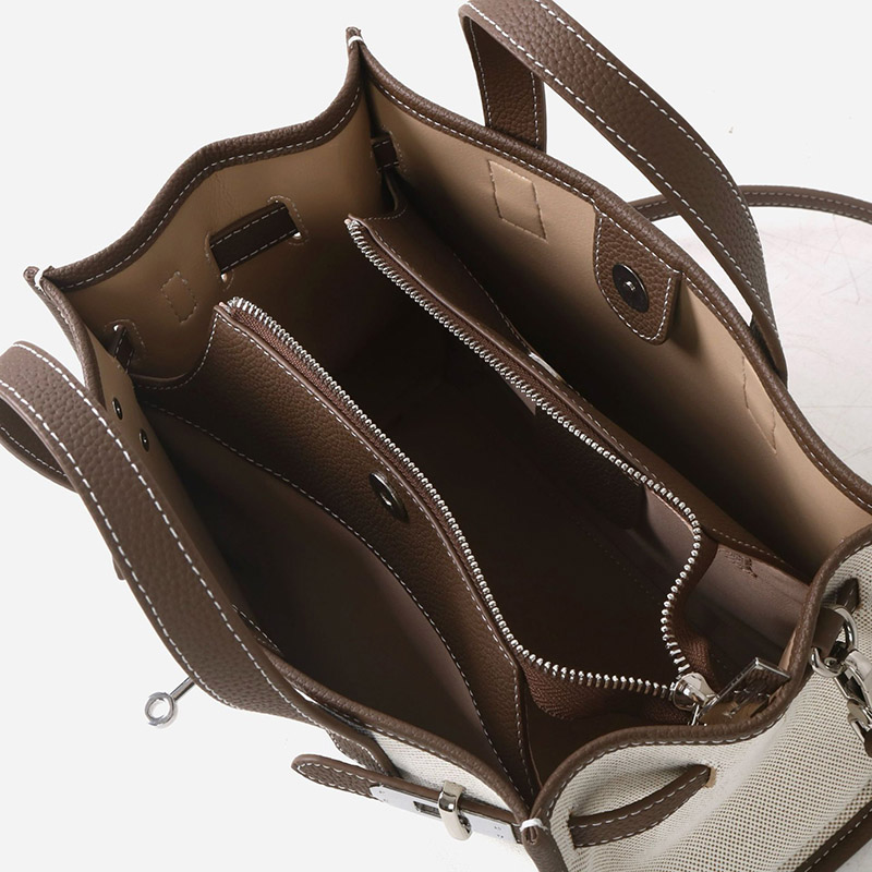 Women's Canvas Full-Grain Leather Trim Lock Shoulder Crossbody Tote Bag