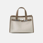 Women's Canvas Full-Grain Leather Trim Lock Shoulder Crossbody Tote Bag
