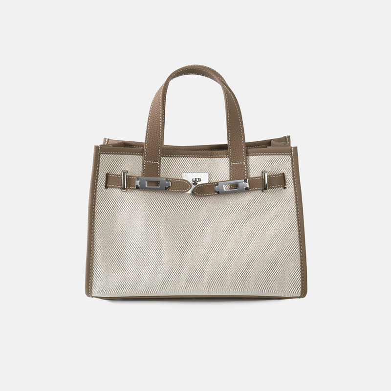 Women's Canvas Full-Grain Leather Trim Lock Shoulder Crossbody Tote Bag