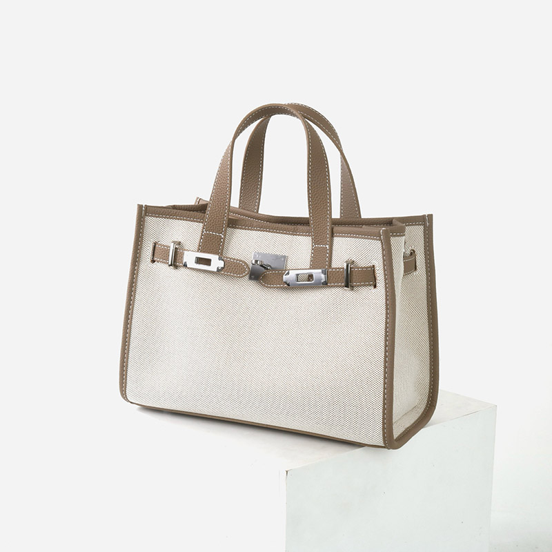 Women's Canvas Full-Grain Leather Trim Lock Shoulder Crossbody Tote Bag