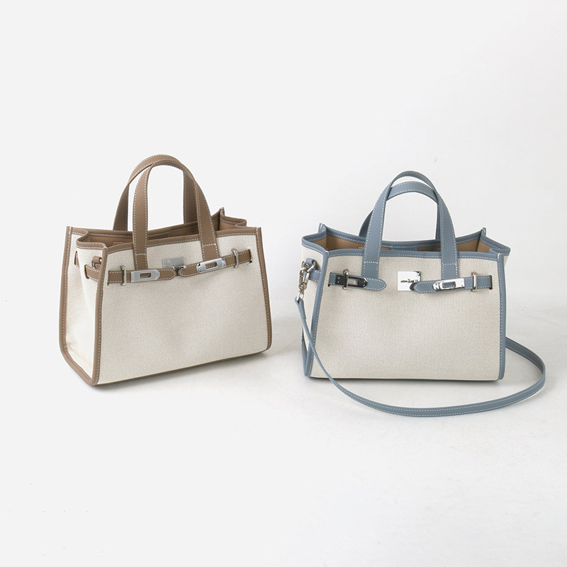 Women's Canvas Full-Grain Leather Trim Lock Shoulder Crossbody Tote Bag