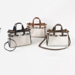 Women's Canvas Full-Grain Leather Trim Lock Shoulder Crossbody Tote Bag