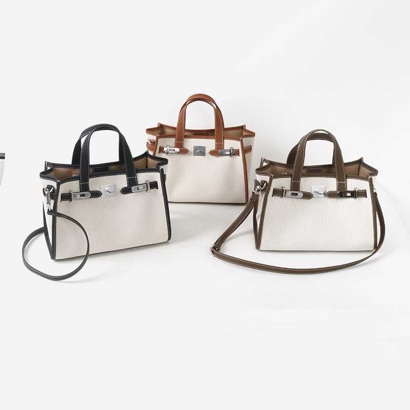 Women's Canvas Full-Grain Leather Trim Lock Shoulder Crossbody Tote Bag
