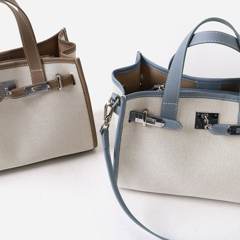 Women's Canvas Full-Grain Leather Trim Lock Shoulder Crossbody Tote Bag