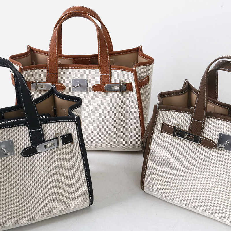 Women's Canvas Full-Grain Leather Trim Lock Shoulder Crossbody Tote Bag
