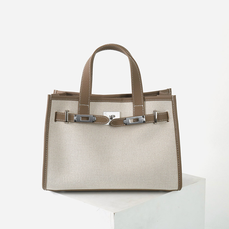 Women's Canvas Full-Grain Leather Trim Lock Shoulder Crossbody Tote Bag