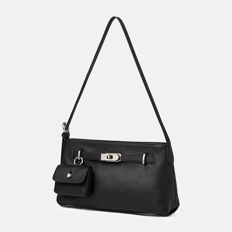 Women's Full Grain Leather Pebbled Lock Shoulder Crossbody Bag