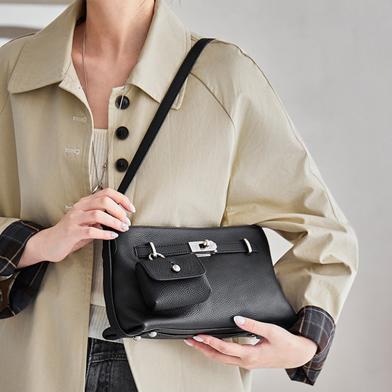 Women's Full Grain Leather Pebbled Lock Shoulder Crossbody Bag