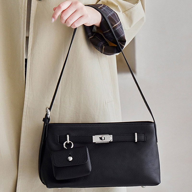 Women's Full Grain Leather Pebbled Lock Shoulder Crossbody Bag