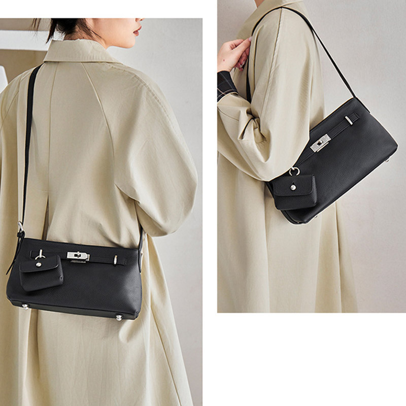 Women's Full Grain Leather Pebbled Lock Shoulder Crossbody Bag