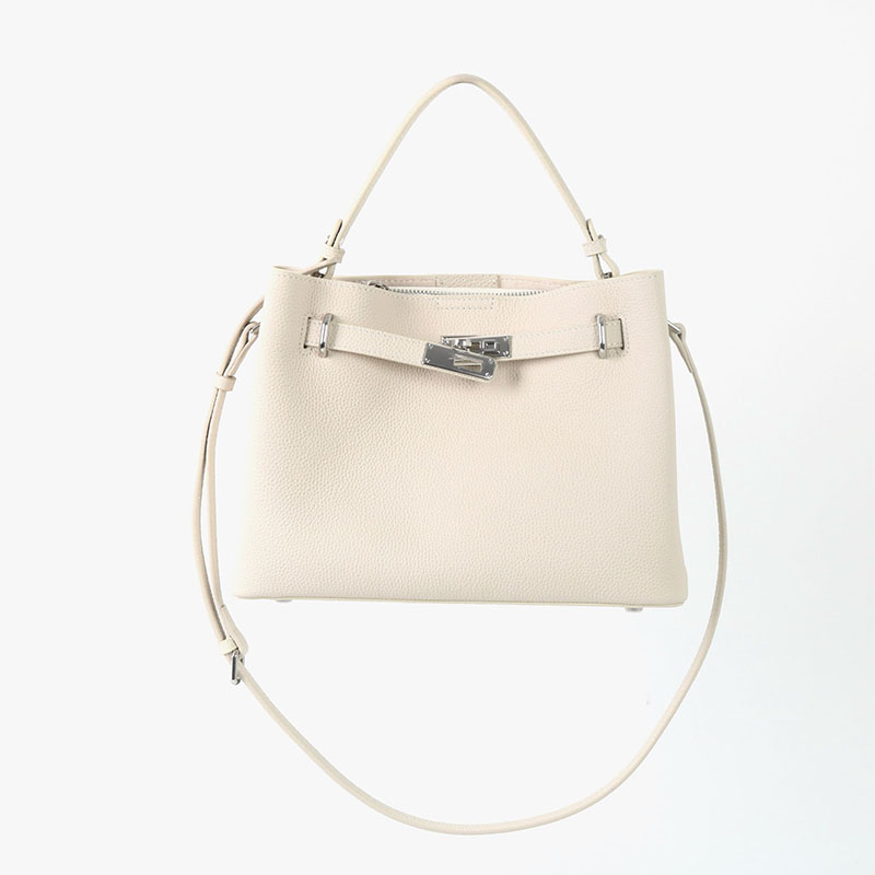 Women's Full-Grain Leather Pebbled Lock Shoulder Crossbody Bucket Handbag