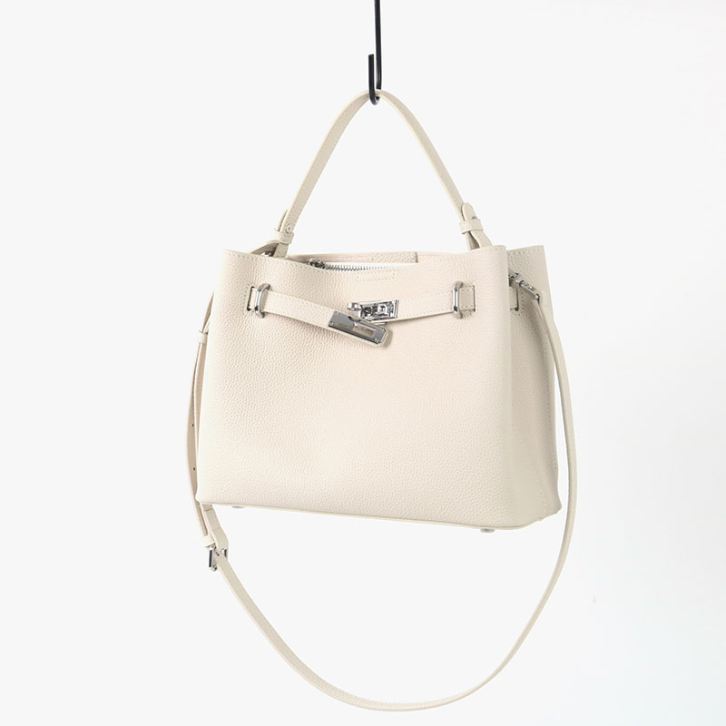 Women's Full-Grain Leather Pebbled Lock Shoulder Crossbody Bucket Handbag