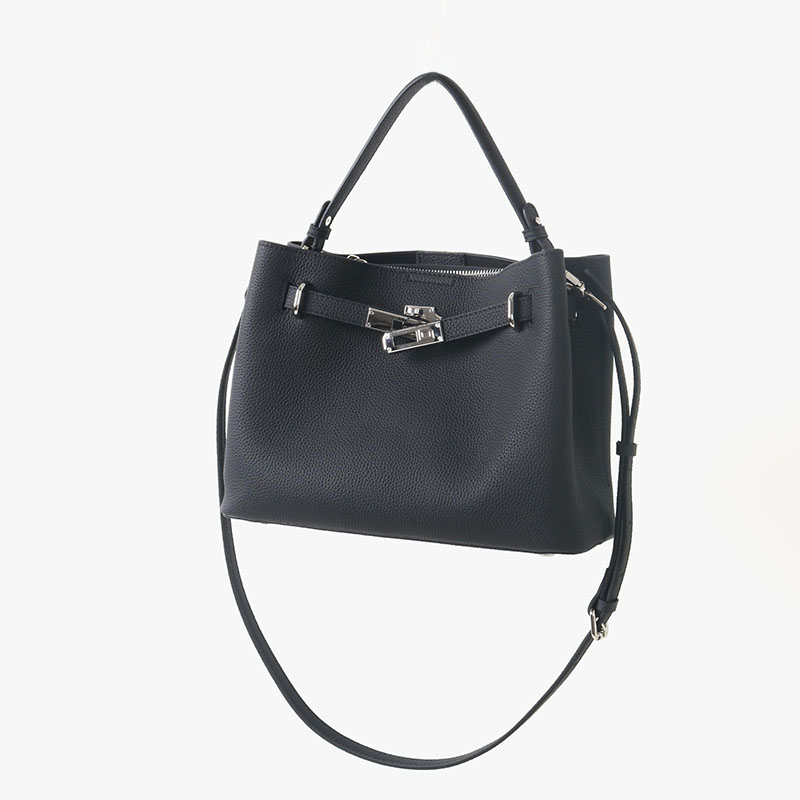 Women's Full-Grain Leather Pebbled Lock Shoulder Crossbody Bucket Handbag