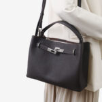 Women's Full-Grain Leather Pebbled Lock Shoulder Crossbody Bucket Handbag