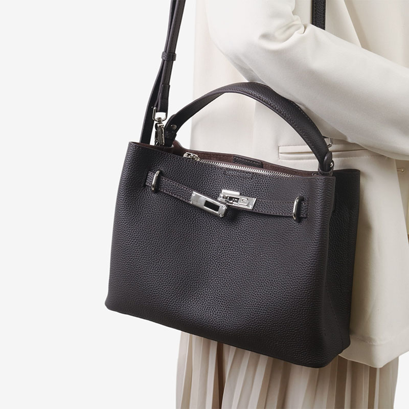 Women's Full-Grain Leather Pebbled Lock Shoulder Crossbody Bucket Handbag