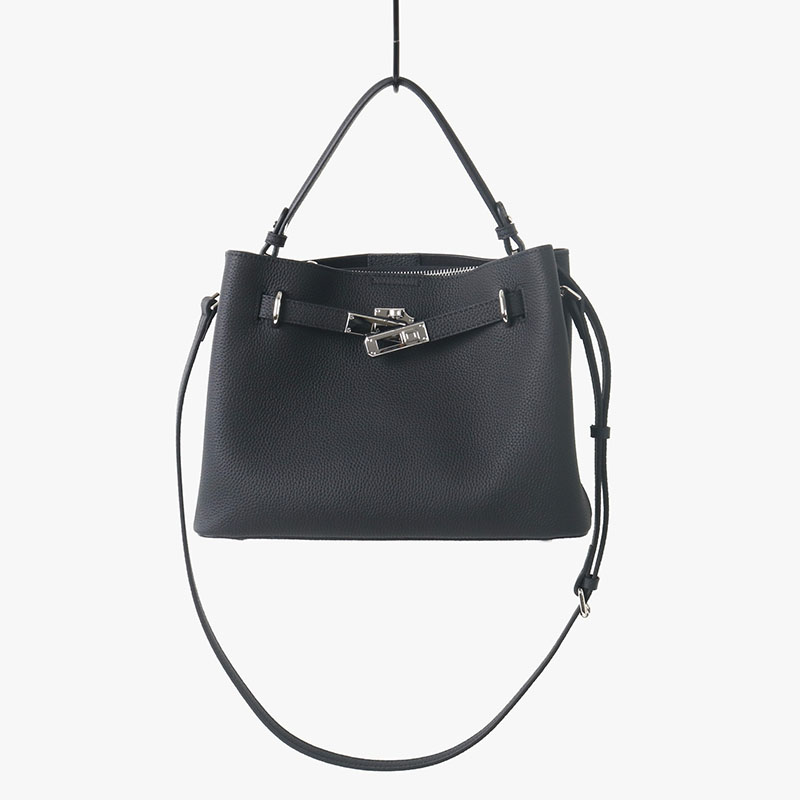 Women's Full-Grain Leather Pebbled Lock Shoulder Crossbody Bucket Handbag