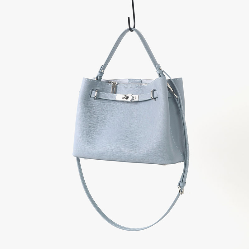Women's Full-Grain Leather Pebbled Lock Shoulder Crossbody Bucket Handbag