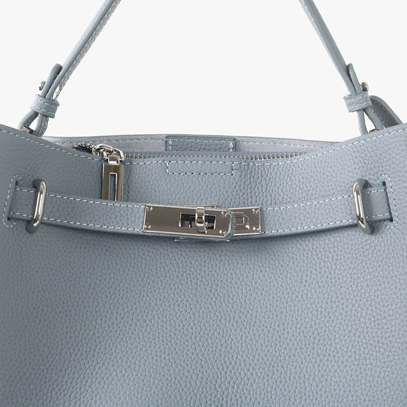 Women's Full-Grain Leather Pebbled Lock Shoulder Crossbody Bucket Handbag