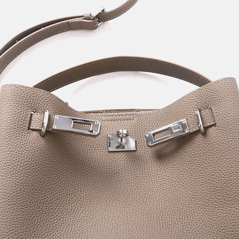 Women's Full-Grain Leather Pebbled Lock Shoulder Crossbody Bucket Handbag