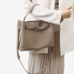 Women's Full-Grain Leather Pebbled Lock Shoulder Crossbody Bucket Handbag