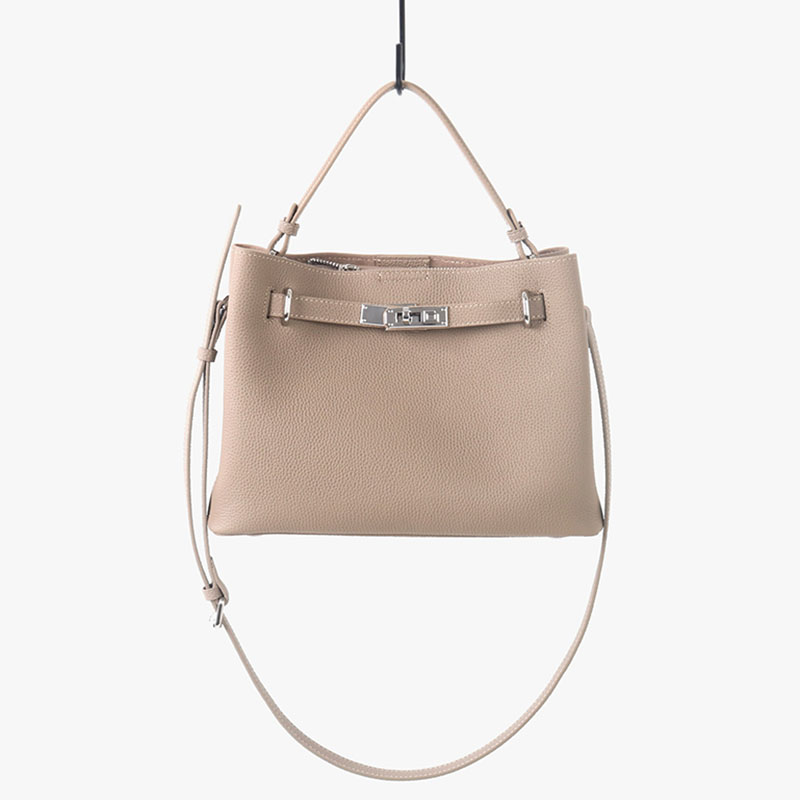Women's Full-Grain Leather Pebbled Lock Shoulder Crossbody Bucket Handbag