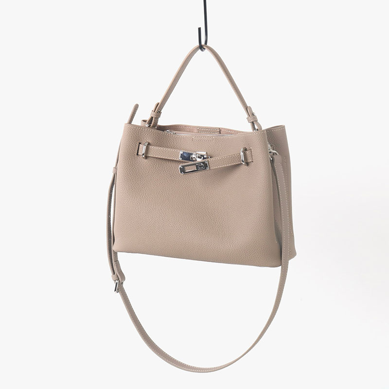 Women's Full-Grain Leather Pebbled Lock Shoulder Crossbody Bucket Handbag