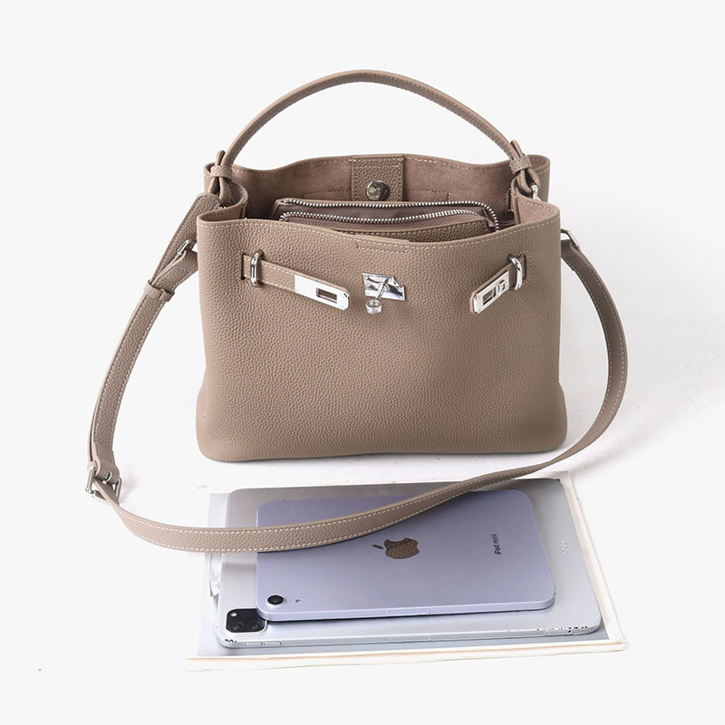 Women's Full-Grain Leather Pebbled Lock Shoulder Crossbody Bucket Handbag