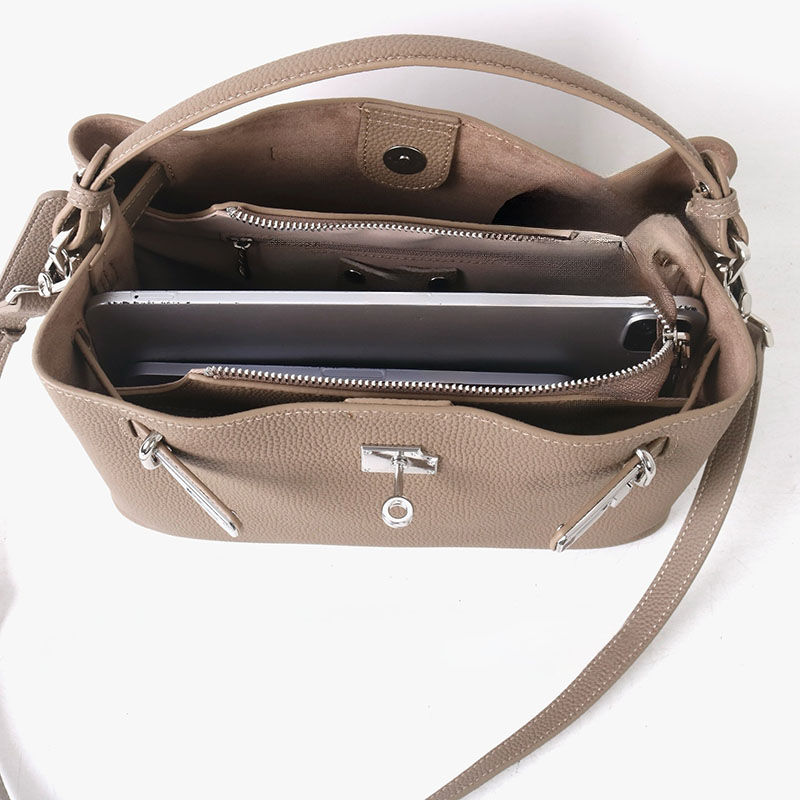 Women's Full-Grain Leather Pebbled Lock Shoulder Crossbody Bucket Handbag