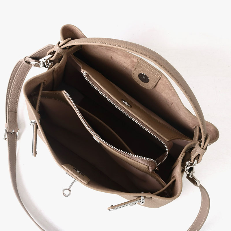 Women's Full-Grain Leather Pebbled Lock Shoulder Crossbody Bucket Handbag